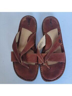 Børn Brown Leather Strappy Toe Loop Sandals Women’s 9 Comfort Boho Slides